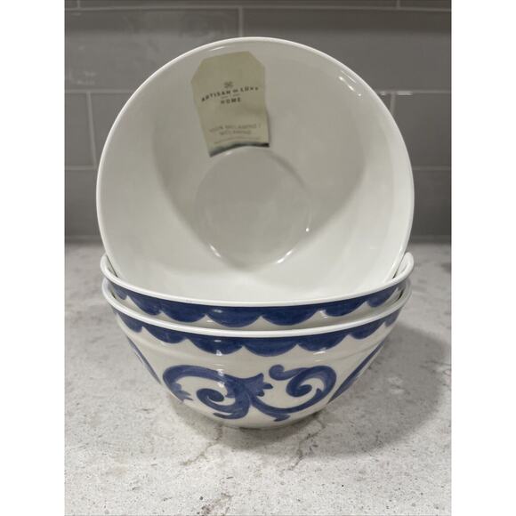Set of 3 BLUE ROSE SCROLL 6x2.75” Melamine Bowls Artisan De Luxe Salsa Dip Bowl - Picture 1 of 4